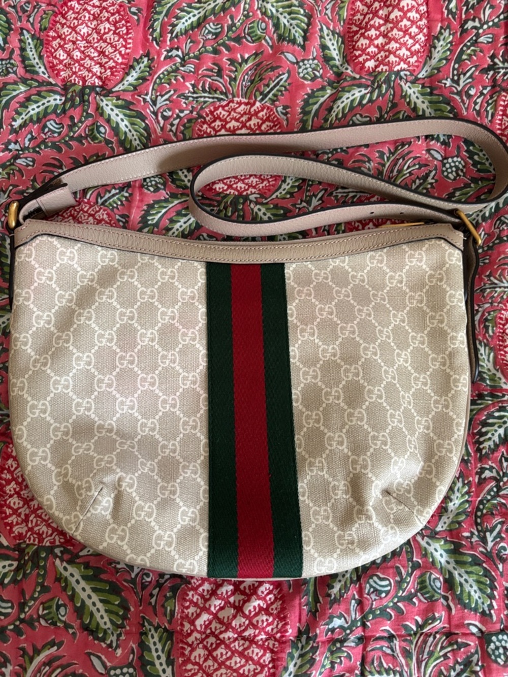 Gucci Beige GG Canvas Ophidia Half Moon  Bag with Green and Red Web - Picture 3 of 17